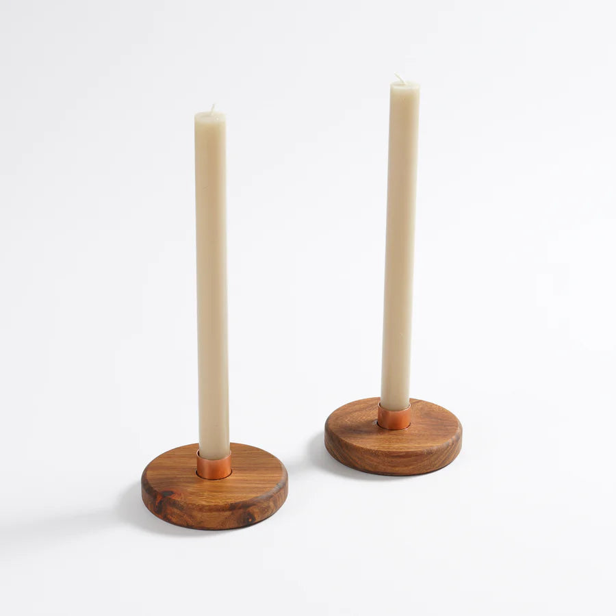 Round Wooden Copper Candle Holder