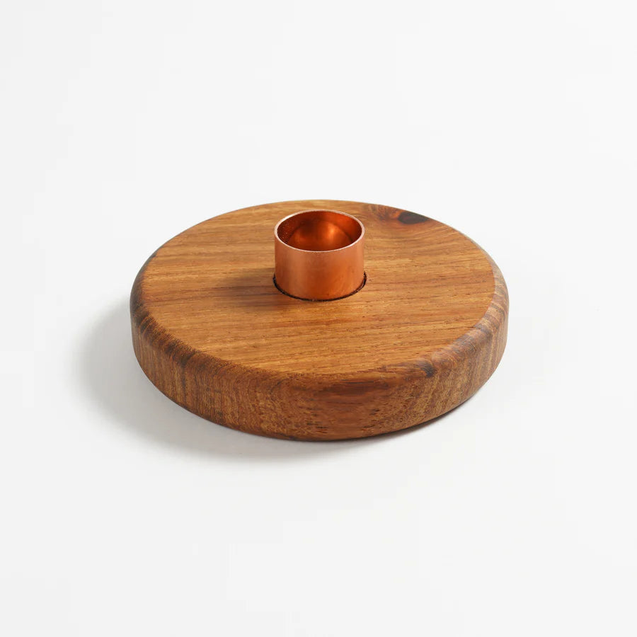 Round Wooden Copper Candle Holder